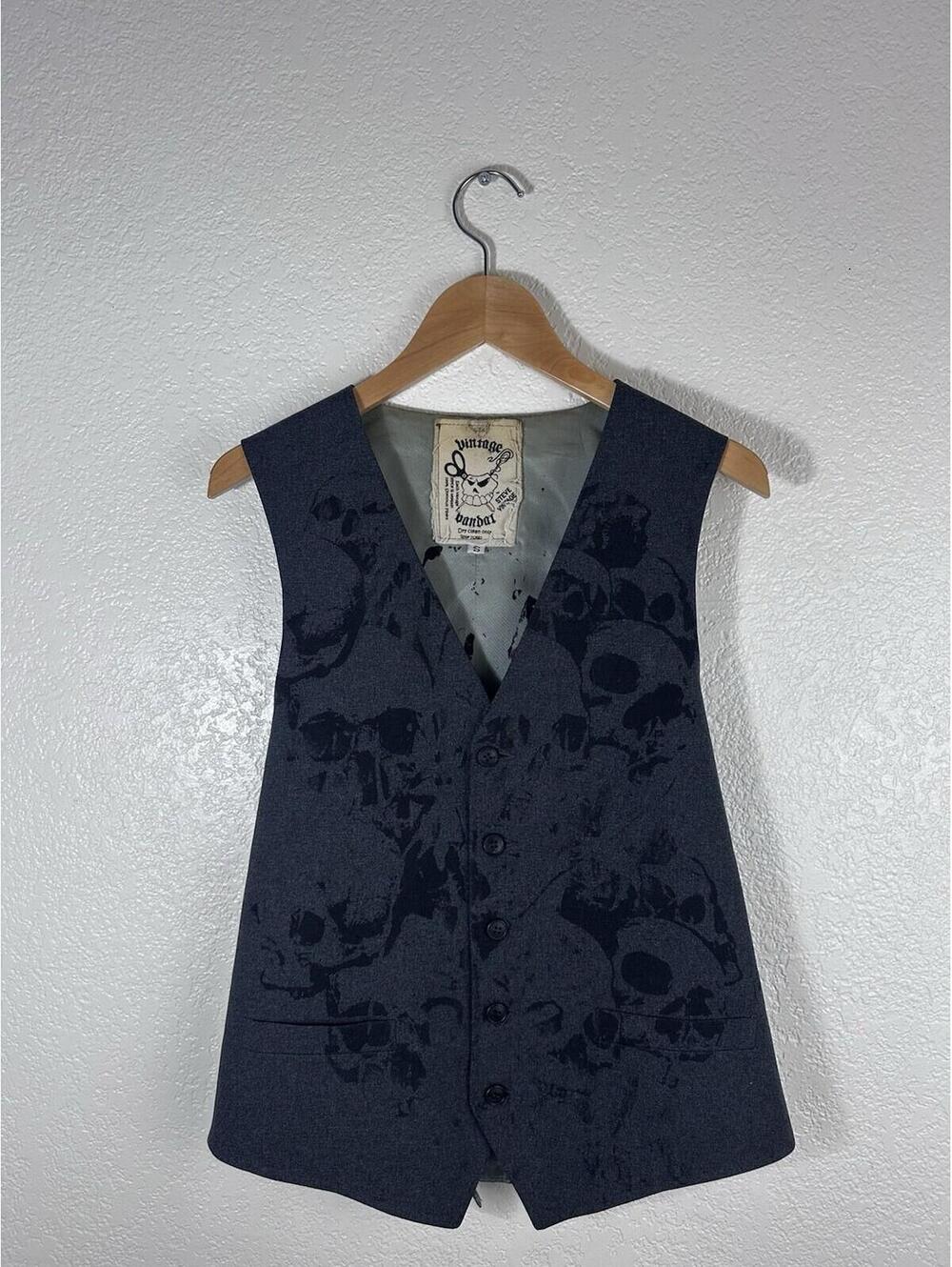 Vintage Vandal Skull Print Vest Men’s Size Small Dark Gray Button Front